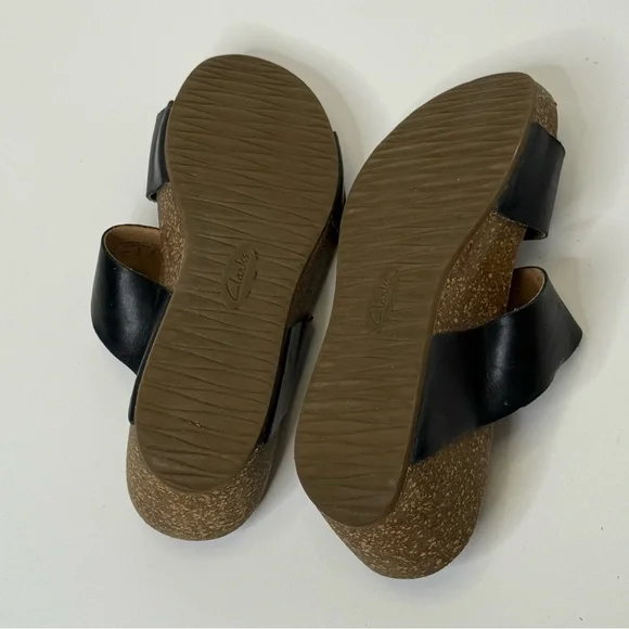 Clarks Black Wedge Sandals Leather Two-Strap Design with Adjustable Buckles 9 - Picture 8 of 9